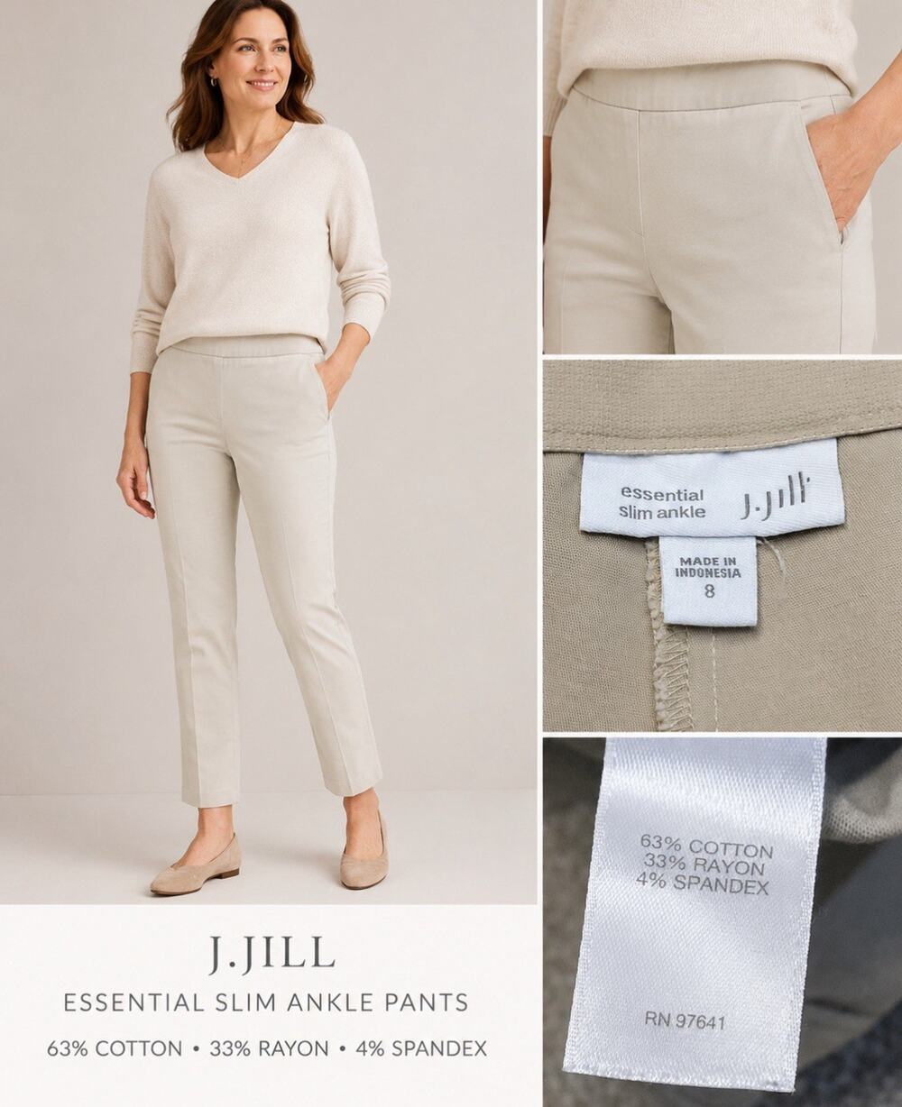 Coastal Minimalist Grandmother J.Jill Women's Slim Ankle Pants Sz 8 Tan Stretch